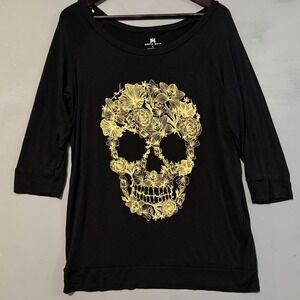 Floral Skull 3/4 Sleeve Tee Shirt Black Gold South Main Large
